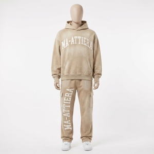 Conjunto de Sudadera con Capucha Beige y Pantalones Cargo para Hombre, Estilo Urbano, Oversize, de Algodón y Felpa, Venta al Por Mayor OEM - Product Image 4