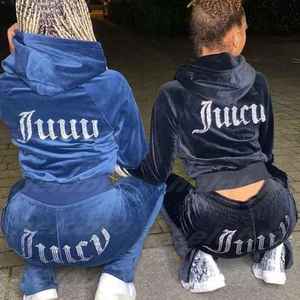 <b>Women's</b> Custom <b>Velvet</b> 2-Piece Streetwear Sweatsuit Hooded Zip-up <b>Jogger</b> Tracksuit with Solid Sweatpants for Winter - Product Image 1