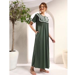 Camisón de encaje 100% algodón para mujer, manga media, largo completo, tela transpirable, suave, elegante, informal, para primavera, otoño y verano - Product Image 1
