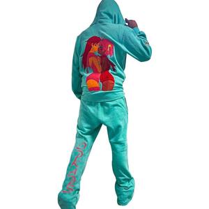 Sudadera con capucha y chándal de lana con estampado de soplo Unisex personalizado 2024 con pantalones de chándal acampanados apilados para invierno - Product Image 3