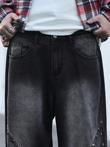 American Fashion Brand High Street Jeans para hombre Tubo recto de alta calidad Suelto Lavado Diseño resistente Cadena de uñas de talla grande - Product Image 3