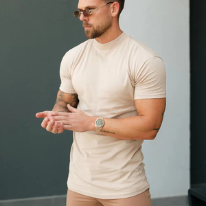 Nouveau à la mode côtelé col haut équipage à manches courtes Beige hommes T-Shirts respirant personnalisé coton Gym Active Fitness T-Shirt pour hommes - Product Image 1