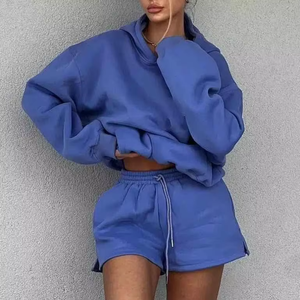 Women Oversized Solid Above <b>Knee</b> Hoodie Shorts Set Regular Fit Street Style Casual for Wear - Product Image 3