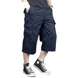 New Running Short Pants Fleece 100% Cotton Below Knee Length 3/4 Long Shorts Mens Pants Multi Pocket Summer Men's Cargo Shorts