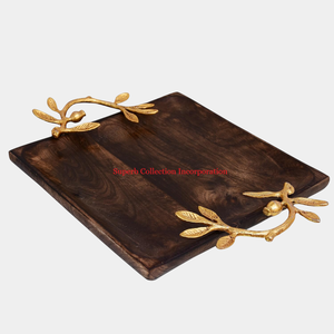 Best Selling Antique Brass Aluminium Handmade Wooden Serving Tray Elongated <b>Light</b> Walnut Finish New Arrival Eco-Friendly <b>Leaf</b> - Product Image 5