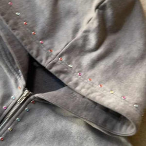 Unisex <b>Vintage</b> Rhinestone Hoodies | Gray Stone Wash Stones On <b>Zip</b> Oversized Streetwear Studded <b>Hoodie</b> for Men Women USA Style - Product Image 3