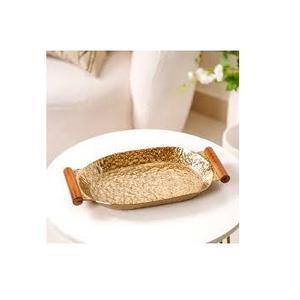 Plateau de service métallique fait main au design moderne exclusif avec des poignées en bois lisses authentiques pour mariage, maison, hôtel, fête - Product Image 1