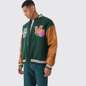 Fabricant de vêtements sur mesure OEM veste universitaire en chenille brodée de coupe surdimensionnée de couleur verte veste à manches en cuir marron pour hommes - Product Image 1