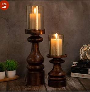 Juego de 3 Portavelas de Madera de Mango Teñida de Oscuro, Candelabros Artesanales Vintage para Centros de Mesa Rústicos y Decoración de Bodas - Product Image 6