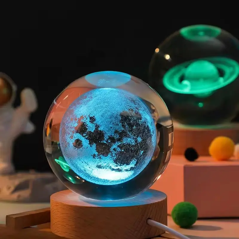 7 Colors RGB 3d Interior Crystal Ornament Small Crystal Ball Luminous Night Light Celestial Ball Lamp With USB wooden Base