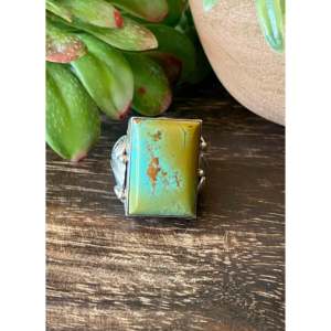 Darrell Morgan Kingman <b>Statement</b> <b>Ring</b> Boho Style Bezel Set Turquoise with Sterling <b>Silver</b> Geometric Cut Size 8.75 Everyday Wear - Product Image 1