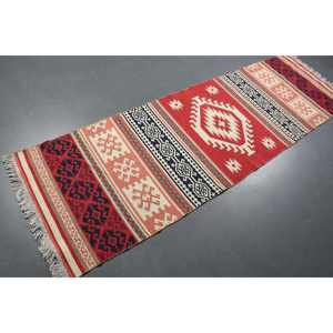 2.5x8.1 ft Turkish Rug, Vintage <b>Runner</b> Rug, <b>Red</b> Beige Ombr Wool Rug - Product Image 1
