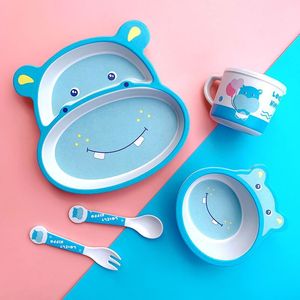 Adorable Ensemble de Vaisselle pour Enfants en Fibre de Bambou Motif Hippopotame de Dessin Animé, 5 Pièces, Comprend Couverts et Baguettes, Design Imprimé pour Repas Bébé et Enfants - Product Image 3
