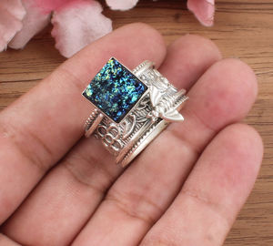 Wholesale 925 Sterling Silver Ring with Rectangular Druzy Statement Jewelry Handmade Woman Ring <b>Gift</b> Idea <b>bee</b> Ring - Product Image 2
