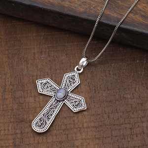 Wholesale 925 Sterling Silver Moonstone <b>Cross</b> Pendant Handmade Religious Jewelry Boho Gemstone <b>Necklace</b> Accessories <b>Men</b> Women - Product Image 3