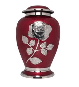 Urna de cremación de Rosa plateada-Urna funeraria con flor grande sobre esmalte rojo-Urna de entierro para cenizas humanas Tamaño adulto-Latón 100% - Product Image 1
