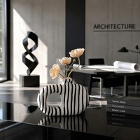 Vase en céramique abstrait minimaliste à cercle creux, récipient géométrique rayé noir et blanc pour la décoration moderne de bureau et de maison scandinave
