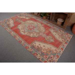 Tapis Vintage Turc Rouge Beige 4.5 X 8.2ft Large Surface Laine Patchwork Design pour Couloir ou Chambre à coucher Latex Backed - Product Image 3