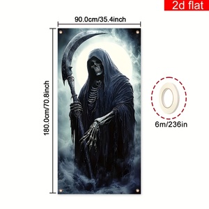 Housse de porte Halloween Grim Reaper, squelette effrayant avec faucille, design pleine lune, en polyester, pour décoration de fête maison hantée - Product Image 4