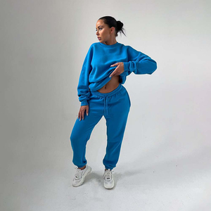 Surdimensionné personnalisé bleu 2 pièces femmes col rond sweat chemise à revers jogger ensemble respirant à capuche et pantalons de survêtement femmes survêtement ensemble - Product Image 6