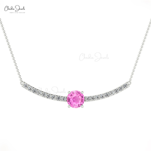 Venta caliente 14K collar de declaración de oro sólido zafiro Rosa 5mm piedra preciosa redonda y collar de diamantes de ofertas exclusivas al por mayor - Product Image 2