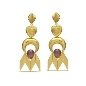 Nouveau produit Boucles d'oreilles pendantes de créateur doré avec boucles d'oreilles en laiton avec pierres précieuses en calcédoine rose - Product Image 1