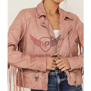 Veste en cuir véritable à manches longues en cuir de vachette à la mode pour femmes tissée Style occidental décoration à rayures remplies de coton respirant - Product Image 1