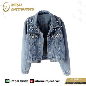 แจ็กเก็ตผ้ายีนส์โอเวอร์ไซส์สำหรับผู้หญิงแจ็กเก็ตผ้าเดนิมลำลองพิมพ์ลายโลโก้ประดับด้วยลูกปัดไข่มุกปักระบายได้ดี - Product Image 2