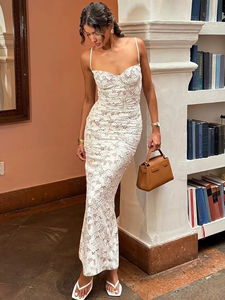 Robe longue élégante sans manches en dentelle style occidental 2026, décontractée, fendue, unie, coupe crayon, ajustée, maxi - Product Image 3