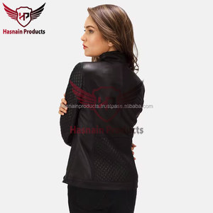 Chaqueta de cuero genuino negro para mujer, estilo motero, con cuello alto, acolchado de diamantes, abrigo de piel de oveja, bolsillos con cremallera, corte ajustado, prendas de vestir personalizadas - Product Image 4