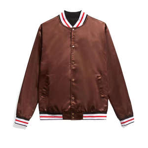 Blouson aviateur universitaire en satin marron léger et brillant style baseball avec poignets et col rayés mode de rue à la mode - Product Image 1