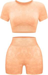 Conjunto de entrenamiento de 2 piezas acanalado sin costuras para mujer, Top corto de manga corta, pantalones cortos de Yoga de cintura alta, Material de algodón para el gimnasio diario - Product Image 3