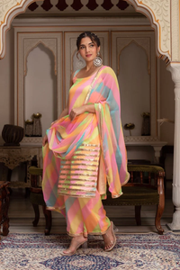 Gulabi Galiyan Radha Multicolor Casual <b>Dress</b> Set Teenagers Cotton Chiffon Leheriya Georgette Natural Waistline Hollow - Product Image 5