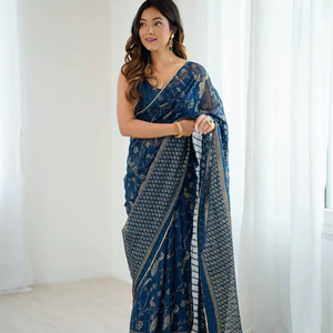 Cao Cấp <span class=keywords><strong>Georgette</strong></span> Saree Với Lá Làm Việc Thiết Kế Bao Gồm 5.5 Mét Saree Và 0.80 Mét Áo Cho Số Lượng Lớn Dân tộc Trang Phục Đơn Đặt Hàng - Product Image 1