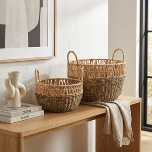 Ensemble de paniers en jonc de mer naturel et écorce de bananier, avec cadre en fer, grille ouverte, poignée en arche, pot de plantation peu profond, pour décoration de table, artisanat d'art pur - Product Image 4
