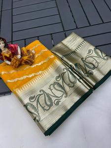 Pure Viscose Georgette Sari Silky Comfort con Sari completo que teje Jacquard Border Running Blusa Tejido que incluye forro - Product Image 4