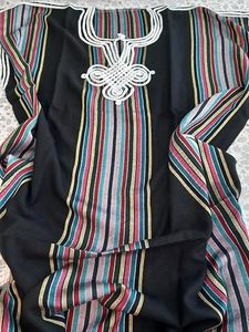 Gandoura Marroquí para Mujer, Vestido Abaya 100% Algodón con Encaje, Ropa de Estar Personalizable, Bordado de Verano, Largo hasta la Rodilla, Estilo Bohemio a Rayas - Product Image 3