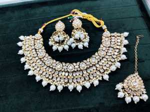 Ensemble de collier vintage Kundan, bijoux indiens, tendance, ensemble de mariage perlé avec boucles d'oreilles à motif de cloche en perles, vente en gros, mode - Product Image 3