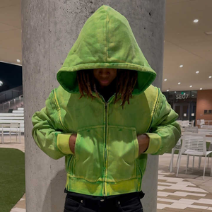 Fabrication à la mode Vêtements de rue personnalisés Lavage à l'acide Distressed Rhinestone Boxy Fit Zipper Crop Hoodie pour hommes - Product Image 3