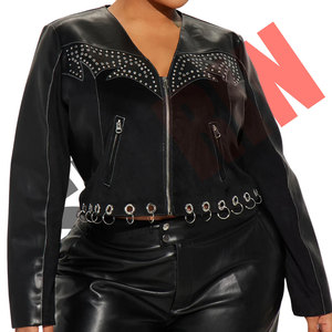 Veste en cuir véritable coupe ajustée pour dames de haute qualité ornée de strass pour les fêtes de boîte de nuit d'hiver veste noire pour enfant sauvage - Product Image 6