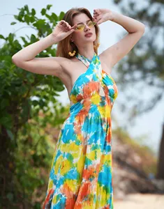 Fait à la main indien Tie Dye femmes longue rayonne été automne Vintage multicolore dos nu licou cou luxe léger 1 - Product Image 4