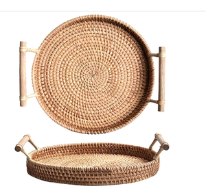 Vente en gros de beaux plateaux en rotin naturel fabriqué à la main plateau rond avec poignées en rotin ODM fabriqué au Vietnam - Product Image 6