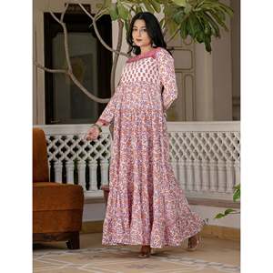 White Pink Jaal Cotton <b>Block</b> <b>Printed</b> Anarkali Dress for Girls Pakistani & Indian Style Ethnic Wear Salwar Kameez for Parties - Product Image 6