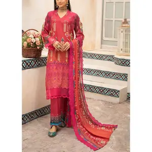 Gaun wanita katun Linen cetak Pakistan kualitas tinggi dengan setelan selendang untuk musim dingin setelan 3 potong
