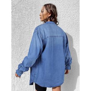 Paola Riboni Women Denim Jacket Oversized <b>Long</b> Sleeve Button Down Casual Streetwear <b>Coat</b> Outerwear Light Wash Loose Fit - Product Image 1