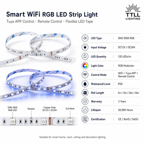Tira <span class=keywords><strong>de</strong></span> Luces <span class=keywords><strong>LED</strong></span> RGB Inteligente con WiFi, DC12V 24V, <span class=keywords><strong>Multicolor</strong></span>, Control Remoto por Aplicación Tuya, <span class=keywords><strong>Cinta</strong></span> <span class=keywords><strong>LED</strong></span> Flexible para Decoración <span class=keywords><strong>de</strong></span> Hogar Inteligente - Product Image 3