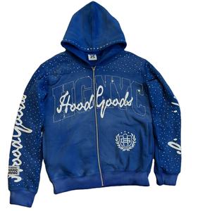 Sweat-shirts à capuche zippés en coton 100% respirant, 420 g/m², avec impression personnalisée streetwear, effet délavé au soleil, patch en strass - Product Image 1