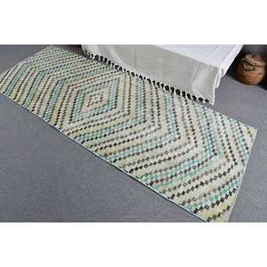 Tapis turc vintage moderne 3x8ft bleu Patchwork Design fait main en laine avec support en latex pour salon chambre nouveauté - Product Image 4