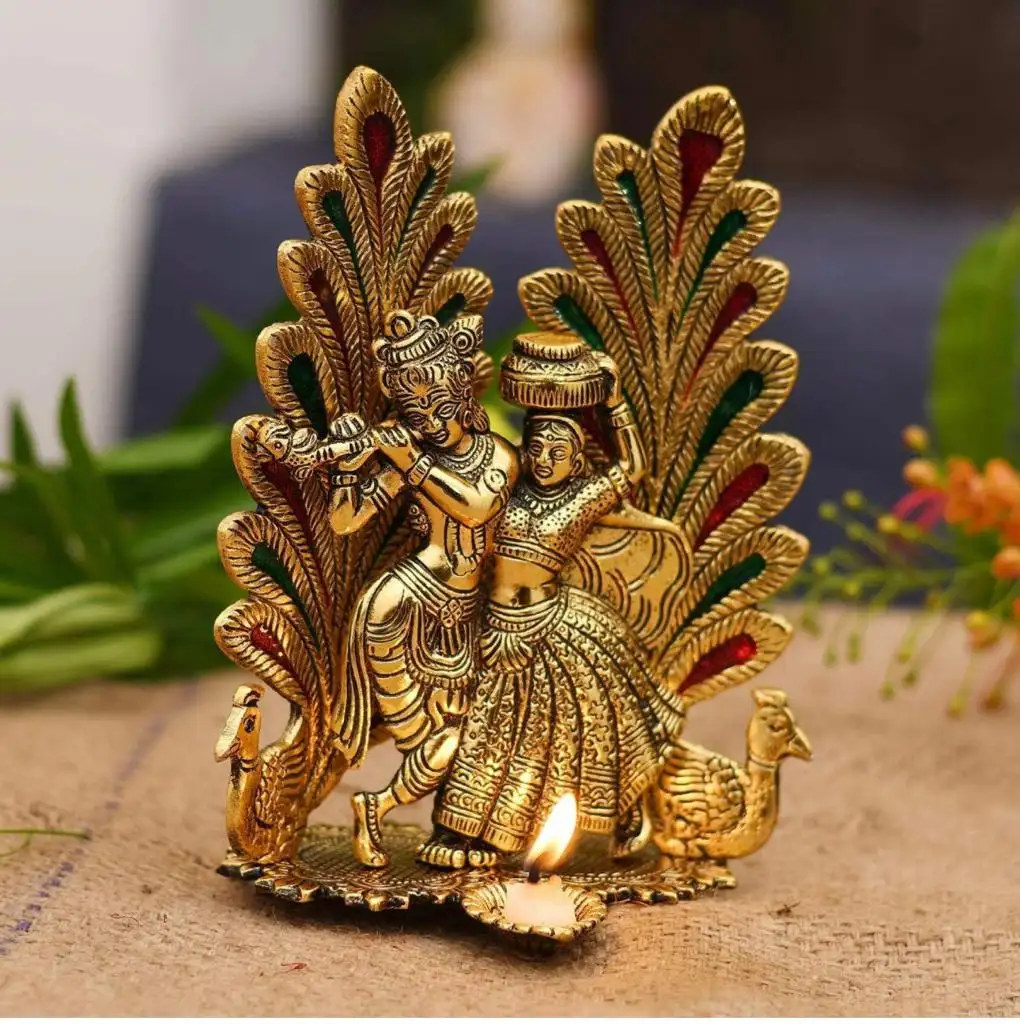 New Good Luck decorativo oro antico Radha Krishna ji Terrarium center table show piece articoli multiuso ornamento in metallo