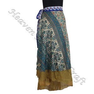 Designer Multi Colour Two Layer Silk Sari Wrap <b>Skirt</b> Boho Stylish Multi Color <b>Summer</b> Wear Comfortable Fashion Boho Hippie Style - Product Image 2
